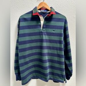 Vintage Polo Ralph Lauren Rugby Shirt Navy Green Stripe Plaid Collar Sz Medium
